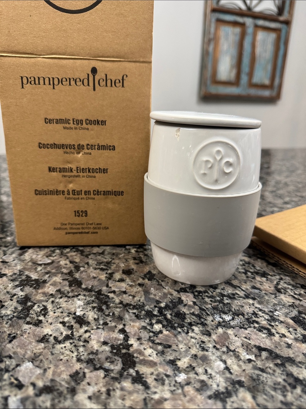 Pampered Chef White Ceramic Egg Cooker with Gray Silicone Grip